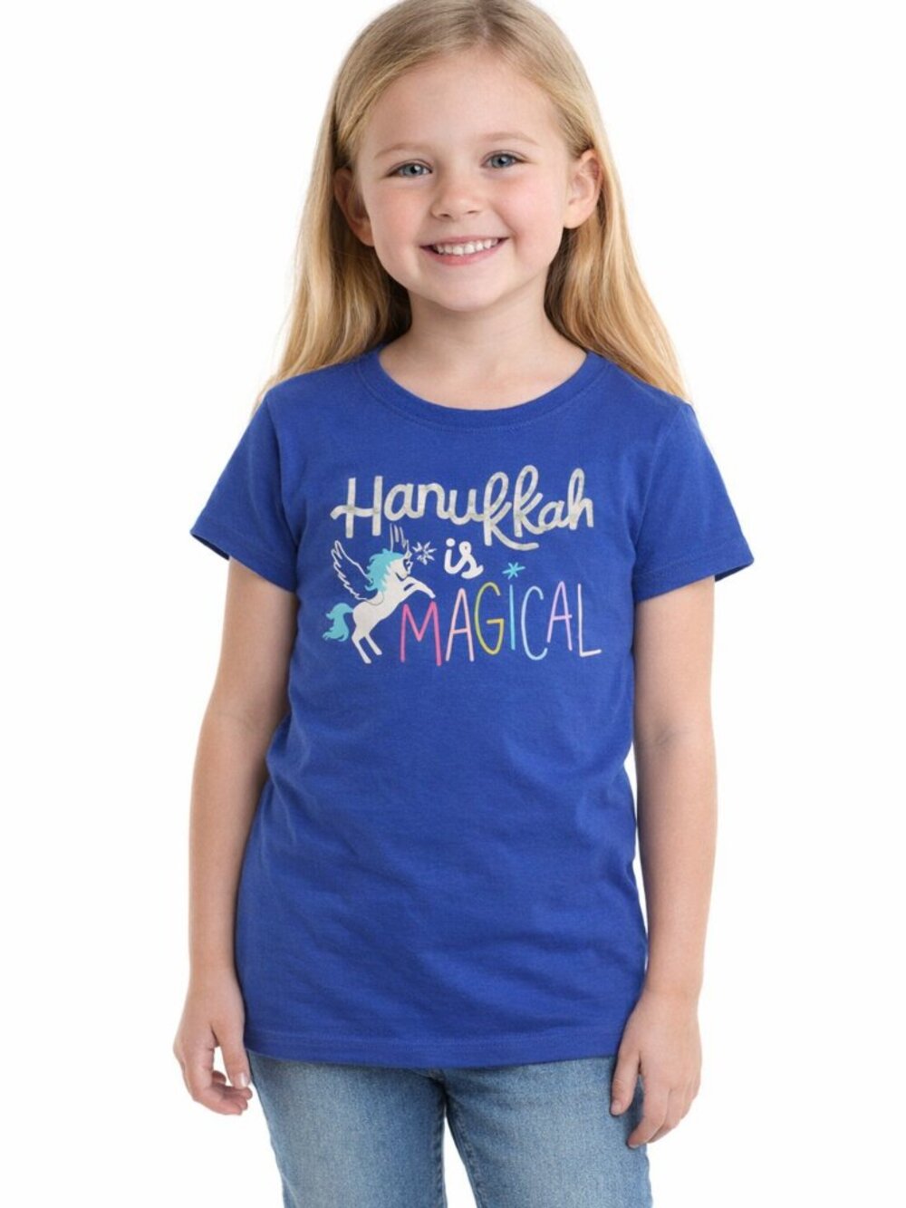 Cat & Jack Girls Hanukkah Graphic Tee Shirt Royal Blue Size M 7–8
